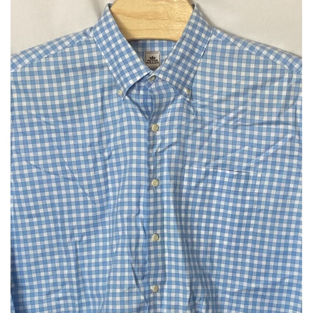 Peter Millar Mens‎ Shirt Blue Check Long Sleeve Cotton Sz XLarge